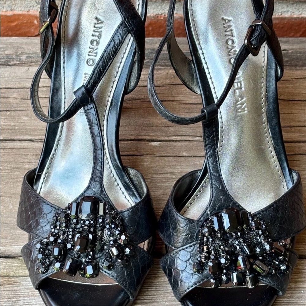 Antonio Melani Black Leather Embellished Beaded Heels Open Toe Sz 6.5M - Picture 2 of 11